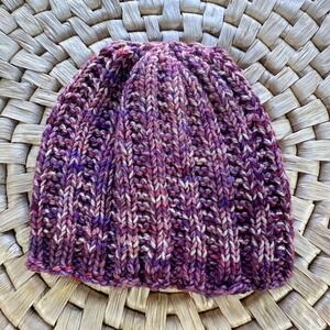 Kids Hand Knit Beanie Purple Pink White Textured Winter Hat Cap OSFM OOAK